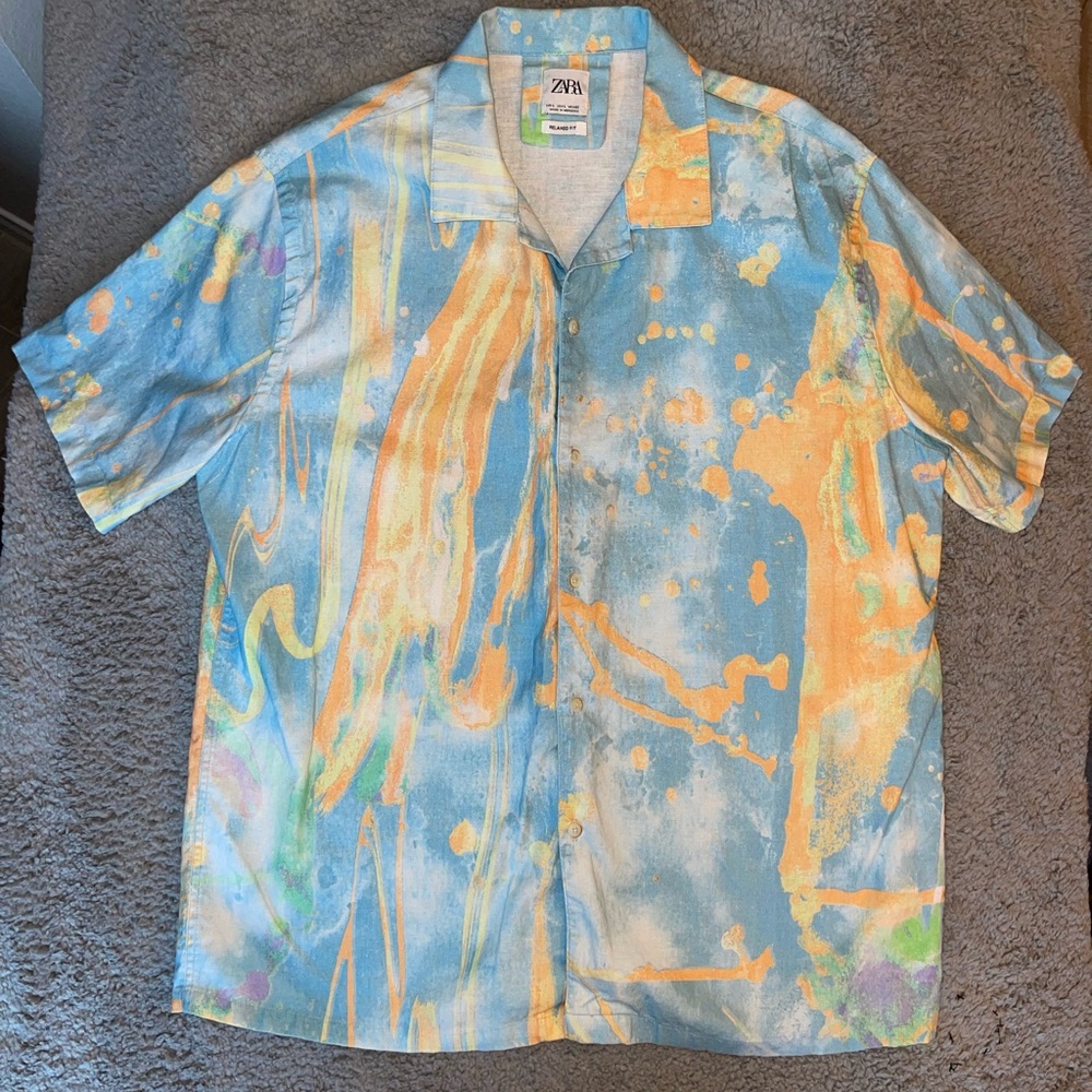 Zara Men's Blue and Orange Artistic Shirt
